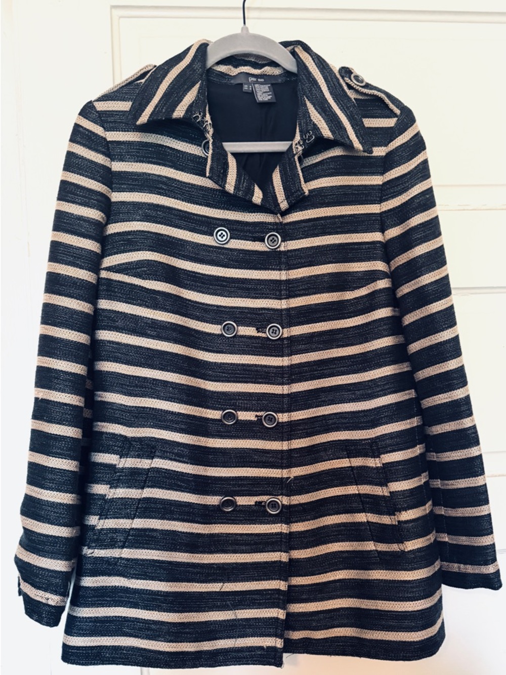 Per Se Striped Double-Breasted Women's Coat - Black & Cream